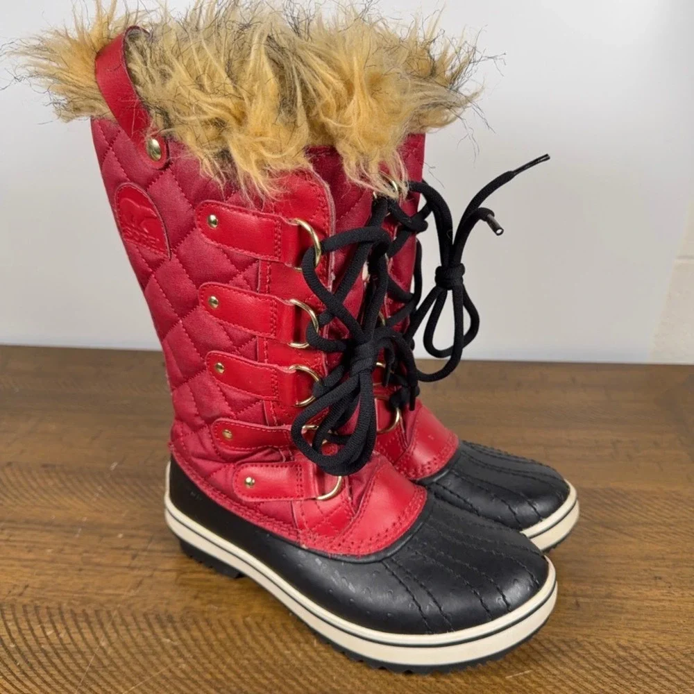 Sorel‎ Snow Boots Womens 5 Red Tofino Waterproof Faux Fur Quilted Winter Hiking